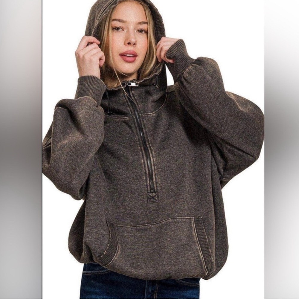 Zenana Washed Quarter Zip Hoodie